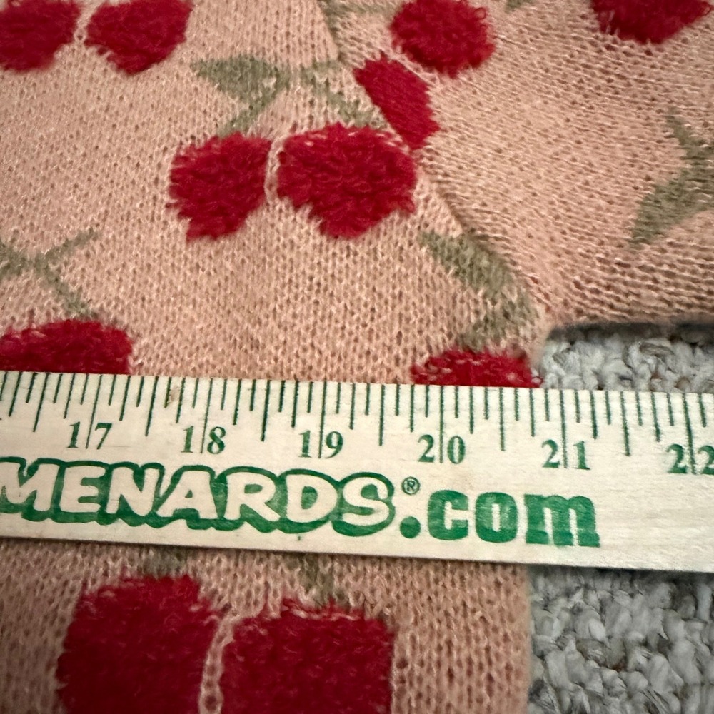 &merci Cherry Print Sweater Womens Small Tan Red Fuzzy Pom Pom Coquette Cottage - Picture 10 of 11